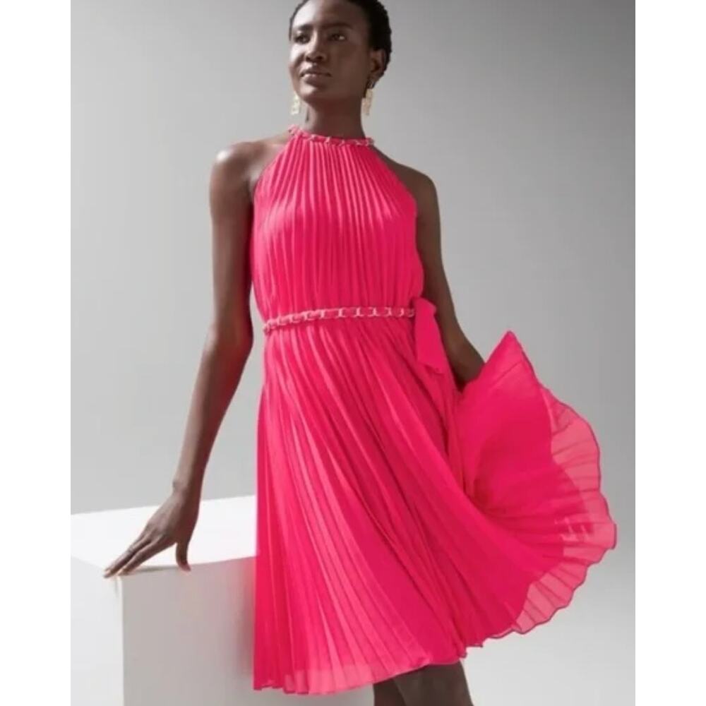 White House Black market hot pink pleated dress gold chain details womens size L